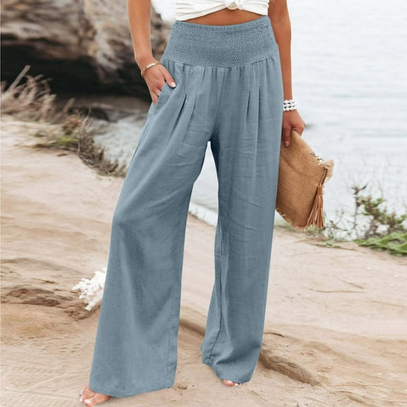 Weiqiqre Women's Pull-On Work Pants No Zipper Cotton Linen Loose Fit Palazzo Pants Casual High Waist Stretchy Wide-Leg Trousers with Pockets
