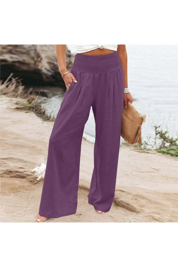 Weiqiqre Women's Pull-On Work Pants No Zipper Cotton Linen Loose Fit Palazzo Pants Casual High Waist Stretchy Wide-Leg Trousers with Pockets