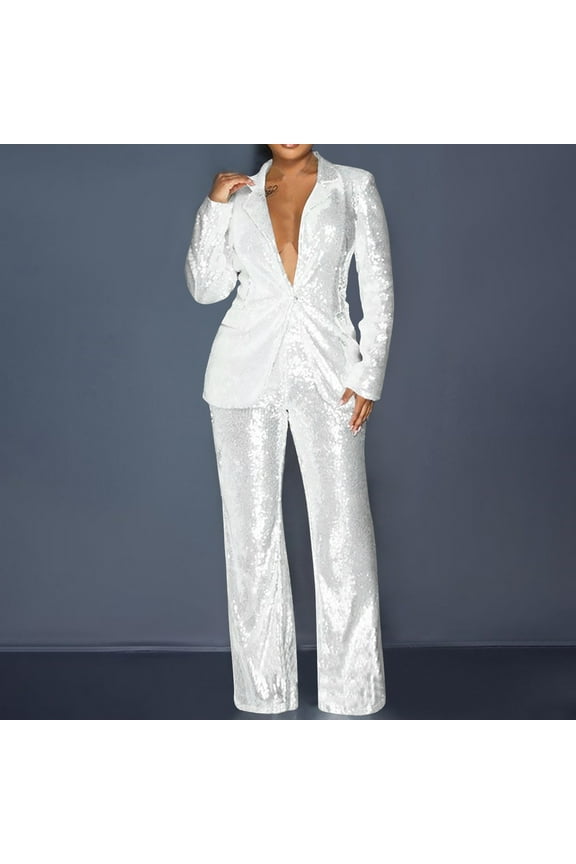 Women's Sequined Fashion Suit Set One Button 2 Piece Wedding Tuxedos Blazer Pants Prom Party Outfit