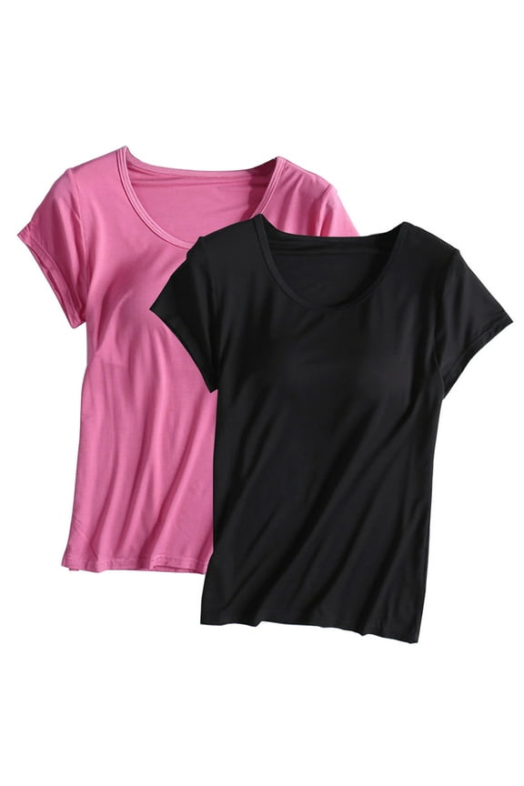 Women's Slim-Fit Crew Neck Short-sleeved Top with Bra Pad Cup Home Clothes Short-sleeved Pajamas 2 Pack
