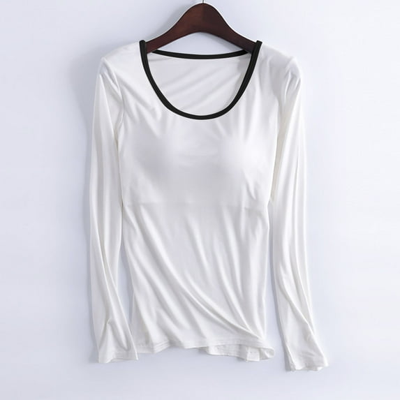 Weiqiqre Women's Solid Color Crew Neck Long Sleeved Top With Bra Pad Cup Home Clothes Pajamas