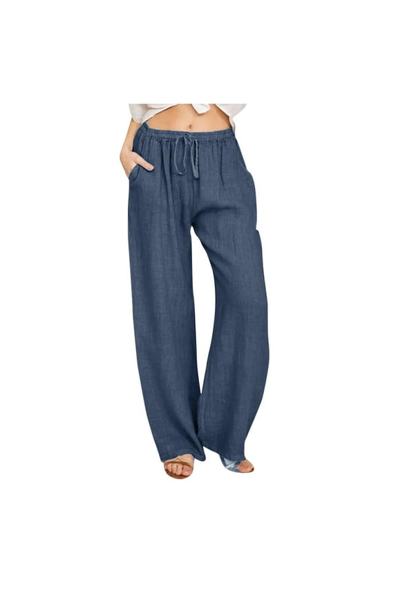 Weiqiqre Women's Straight Leg Jeans Pants Stretchy Cotton Linen Drawstring High Waisted Pants