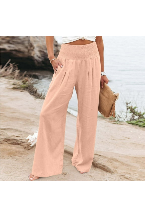 Weiqiqre Women's Straight Leg Jeans Pants Stretchy Cotton Linen Loose Fit Palazzo Pants Casual High Waist Stretchy Wide-Leg Trousers with Pockets