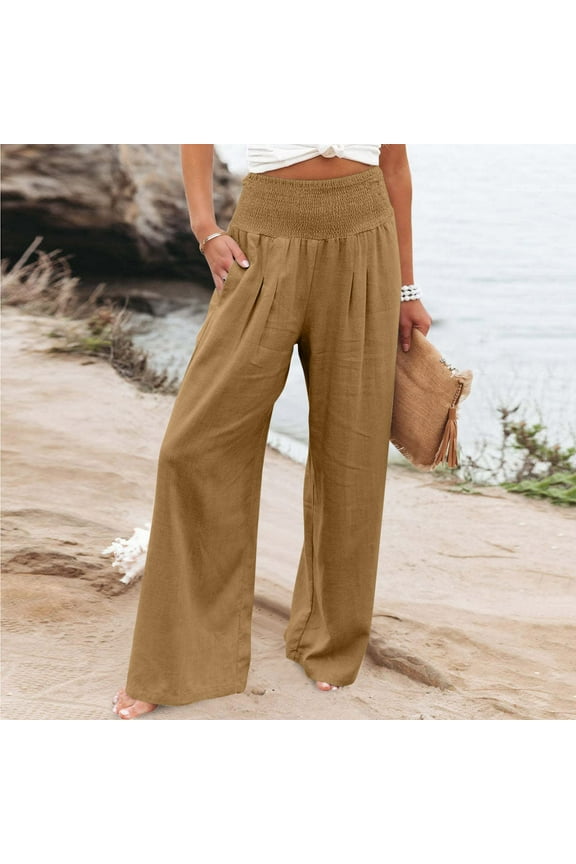 Weiqiqre Women's Straight Leg Jeans Pants Stretchy Cotton Linen Loose Fit Palazzo Pants Casual High Waist Stretchy Wide-Leg Trousers with Pockets