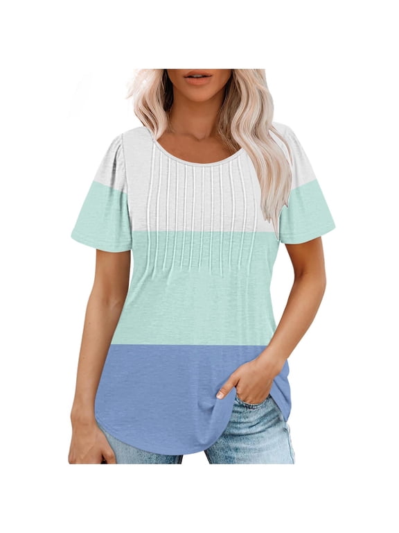 Women's Summer Tops Loose Color Block Printed Tops Fashion Round Neck Short Sleeve Womens New Arrival Blouses