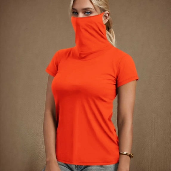 Weiqiqre Women's Tops Casual Solid Color Short Sleeve Solid Color Face Mask For Sun Protection Lightweight Tops