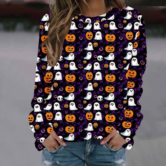 Weiqiqre Women's Tops Crew Neck Tops Long Sleeve Fashion Halloween Festival Pumpkin Face Print Fall Shirts