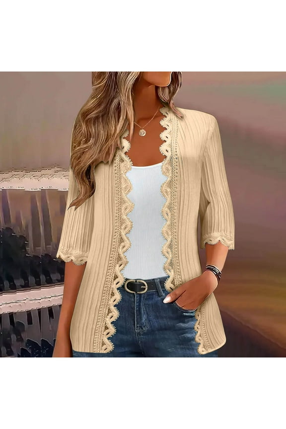 Women's Tops Elegant Lace V Neck Short Sleeve Solid Tops Cardigan Shirt