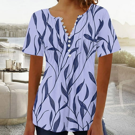 Fewfanhot Women's Tops Summer Short Sleeve Crewneck Tunic Shirts Floral Print Tops Pleated Dressy Blouse