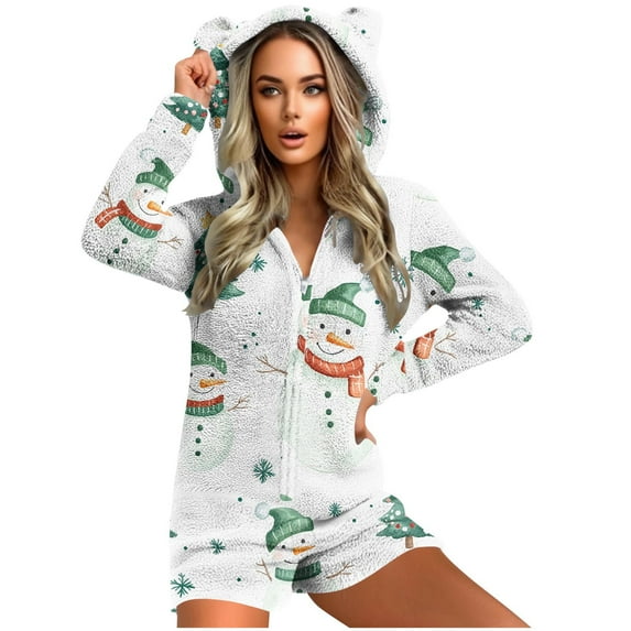 Weiqiqre Women's Tops, Tees & Blouses, Christmas Print Hooded Ears Fluffy Onesie Pajamas - Santa Pattern Bodysuit Sleepwear Pajamas Loungewear