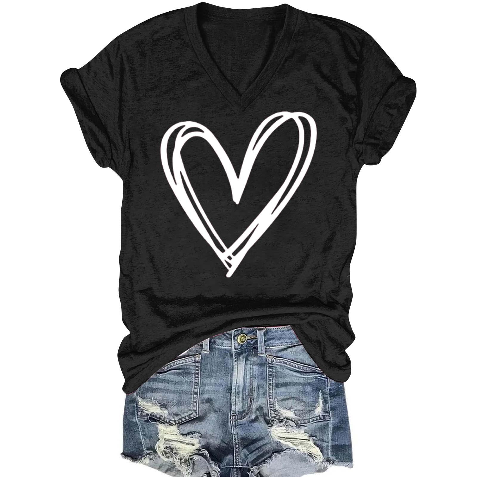 Fewfanhot Women's Tops, Tees & Blouses Valentines Love Heart Printed Tee Teen Cute Girl Gift Top