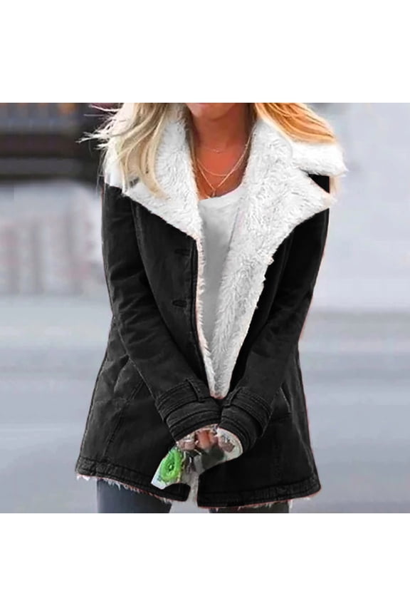 Women's Tops Winter Warm Jean Jacket Stand Collar Wool Liner Sherpa Denim Coats Thicker Outerwear with Pockets