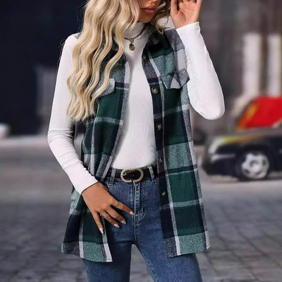 Weiqiqre Women's Vest Plaid Vest Button Down Sleeveless Lapel Neck Long Vest Tops Outerwear Casual Flannel Waistcoat Jackets