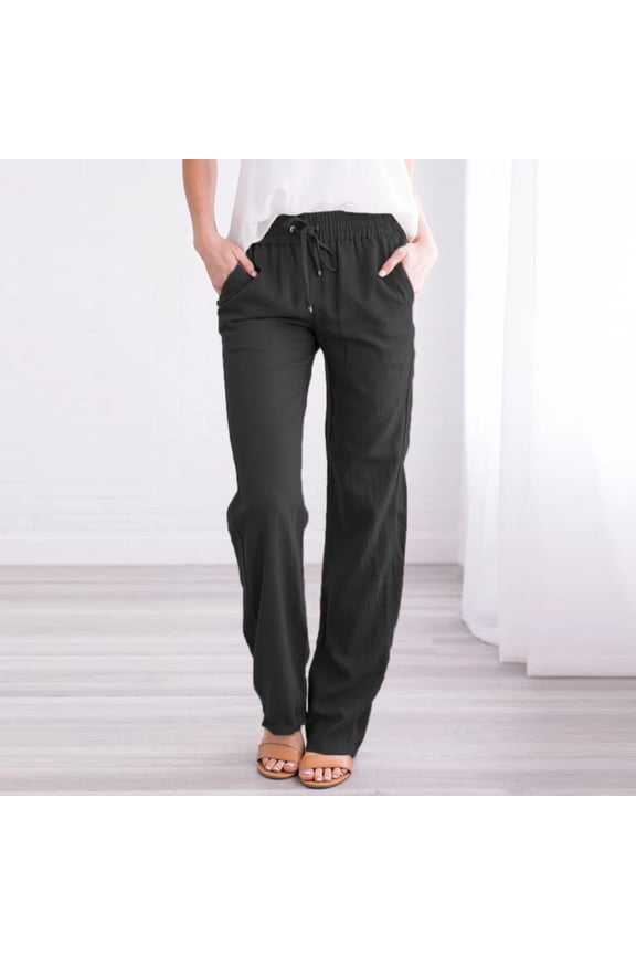 Weiqiqre Women's Wide Leg Linen Pants for Summer Cotton Linen Drawstring High Waisted Pants Casual Loose Fit Wide Leg Trousers
