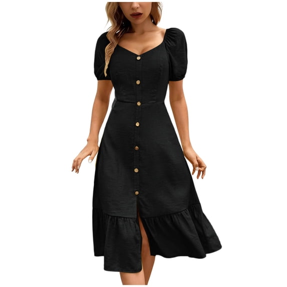 Weiqiqre Womens Dresses Short Sleeve V-Neck Button Down Smocked Casual Ruffle Slit Maxi Boho Dress