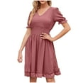 thumbnail image 1 of Weiqiqre Womens Dresses Smocked Short Sleeve V Neck Chiffon Mini Dress Summer Dot Flowy Short Dress, 1 of 6