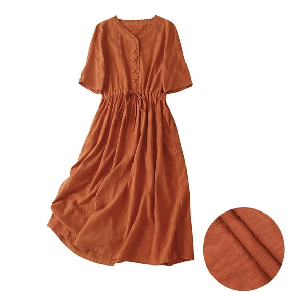 Weiqiqre Womens Dresses Summer Midi Dress Casual Short Sleeve A-Line Cotton Linen Dress Sundresses with Pockets