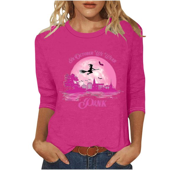 Weiqiqre Womens Fall Clothes Breast Cancer T-Shirt Pumpkin Ghost Shirt Halloween 3/4 Sleeve Tee Tops