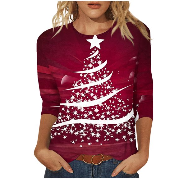 Weiqiqre Womens Fall Clothes Casual Loose Fit Crewneck T Shirts Cute Solid Three Quarter Length Tunic Tops