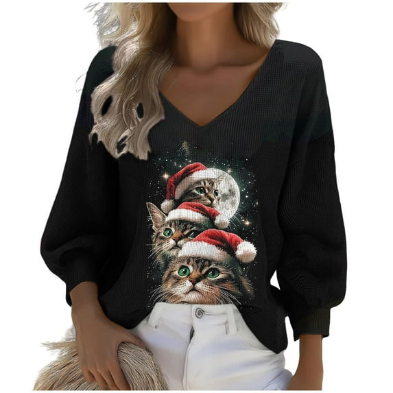 Weiqiqre Womens Fall Clothes Long Sleeve Daily Blouse Dressy V Neck Tunic Casual Christmas Print Tops Tshirt