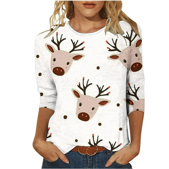 Weiqiqre Womens Fall Fashion 3/4 Length Sleeve Crew Neck Blouses Dressy Casual Summer T Shirts Loose Fit Chirstmas Clothes