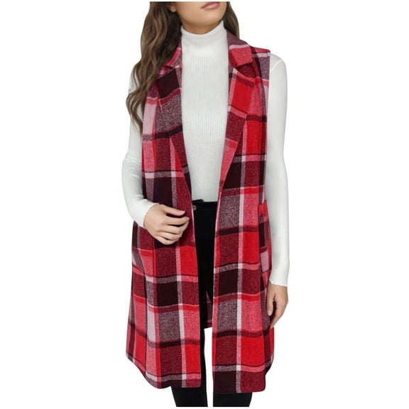 Weiqiqre Womens Fall Fashion Flannel Plaid Sleeveless Long Single Breasted Casual Fashion Jackets With Pockets