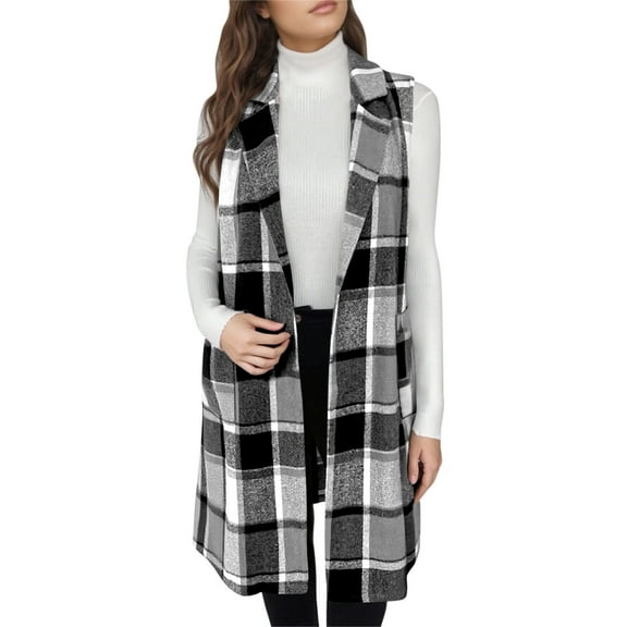Weiqiqre Womens Fall Fashion Flannel Plaid Sleeveless Long Single Breasted Casual Fashion Jackets With Pockets