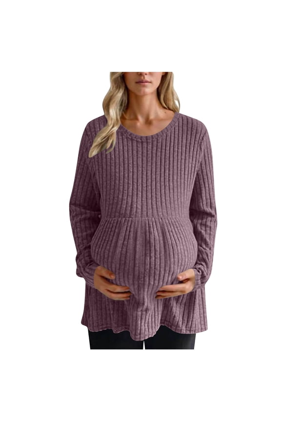 Womens Fall Fashion Maternity Tops Long Sleeve Pregnancy Tunic Blouses Crew Neck Ribbed Shirts Pregnant Clothes