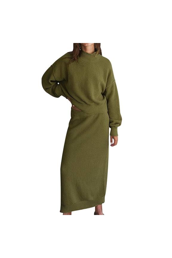 Womens Fall Sweaters 2-piece Set Long Sleeve Solid Ribbed Knit Oversized Pullover Sweater Side Pocket Casual Fashion Dress