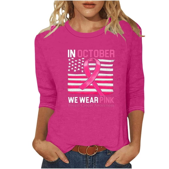 Weiqiqre Womens Fall Tops Breast Cancer T-Shirt Pumpkin Ghost Shirt Halloween 3/4 Sleeve Tee Tops