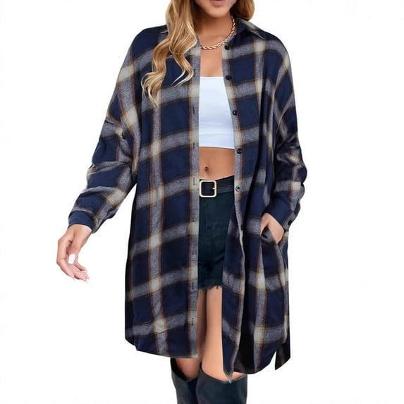 Weiqiqre Womens Fall Tops Button Down Flannel Shirts Plaid Shacket Long Sleeve Collared Long Jacket Coats
