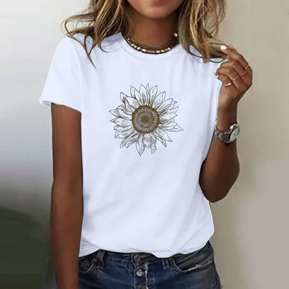 Weiqiqre Womens Fashion Flower Printed Tops Casual Short Sleeve Round Neck Summer Women's New Arrival Blouses