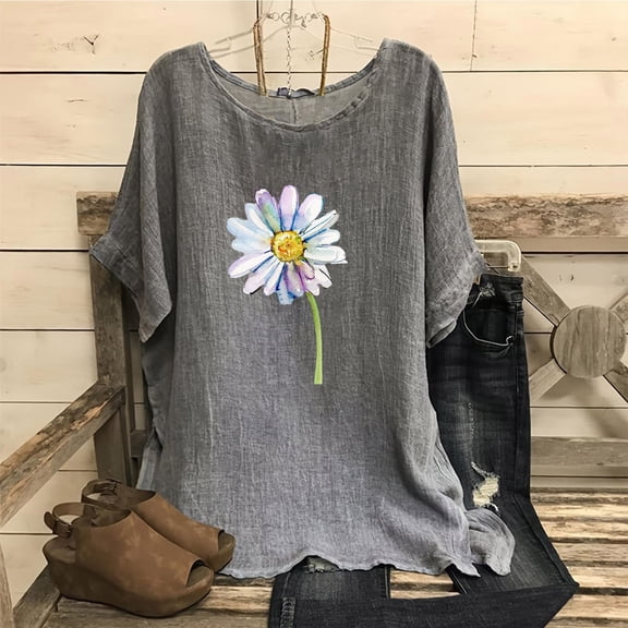 Weiqiqre Womens Flower Printed Tops Loose Casual Short Sleeve Round Neck Large Size Cotton And Linen New Arrival Blouse