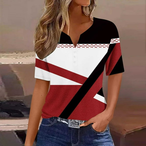 Weiqiqre Womens Graphic Tops Summer Fashion Printing Short Sleeve V Neck Casual Women's New Arrival Button Blouses