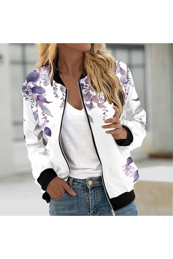 Womens Jacket Bomber Jacket Long Sleeve Zip Up Racing Jackets Color Block Outerwear Vintage Streetwear