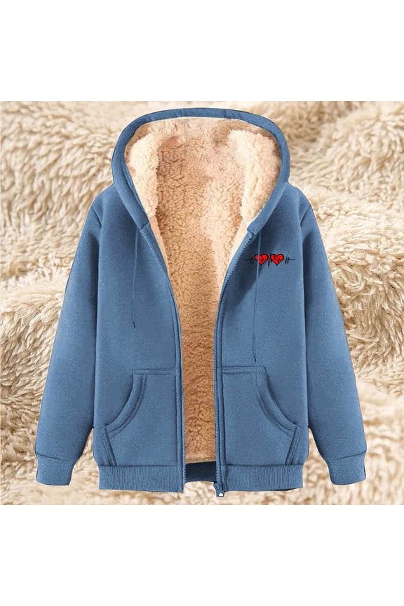 Womens Jacket Sherpa Lined LOVE Printed Winter Fleece Lining Zip Up Sweatshirt