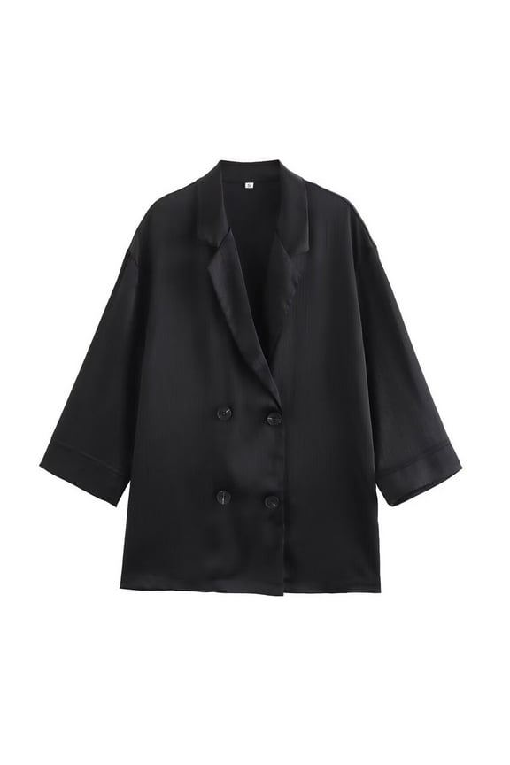 Womens Jacket Silk Single Button 3/4 Sleeve Solid Black Office Blazer