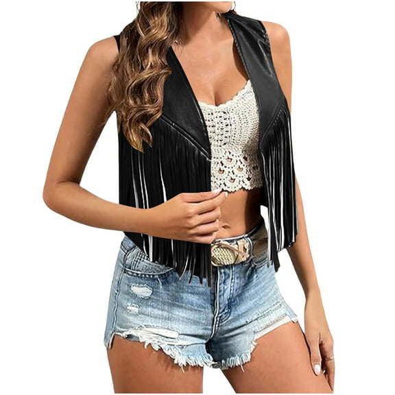 Weiqiqre Womens Jacket Sleeveless Vest Tassel Faux Leather Open Front 70S Hippie Jacket Cardigan