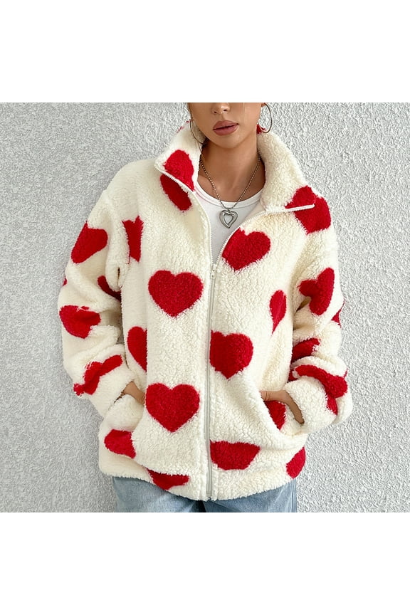 Womens Jackets Button Down Cardigan Cute Heart Print V Neck Soft Cardigan Sweater Coat