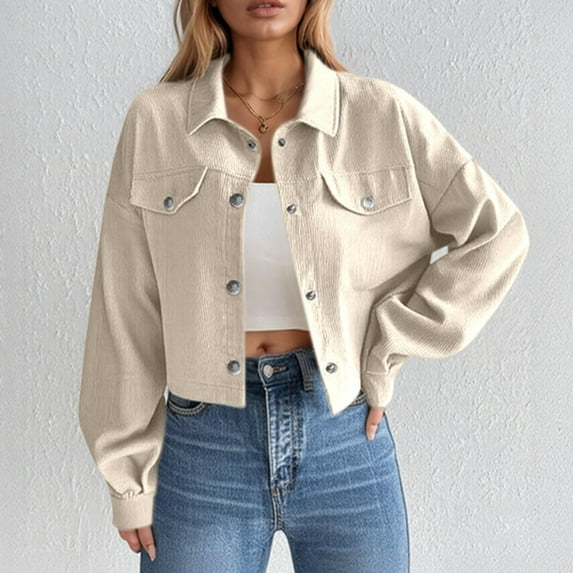 Weiqiqre Womens Lightweight Jackets Cropped Shackets Corduroy Button Down Crop Jackets Tops Long Sleeve Shirts Trendy
