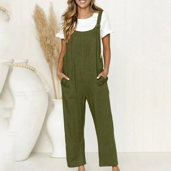 Weiqiqre Womens Overalls Casual Summer Sleeveless Strap Loose Wide Leg Jumpsuits with Pockets