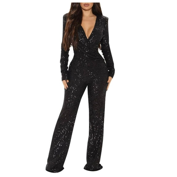 Weiqiqre Womens Overalls Jumpsuits for Women Plus Size Elegant Clubwear Sparkly High Waisted Wide Leg Pant Disco Outfits