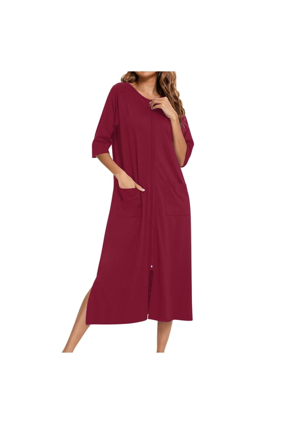 Womens Pajamas Long House Coat Zipper Front Robes Full Length Nightgowns with Pockets Striped Loungewear