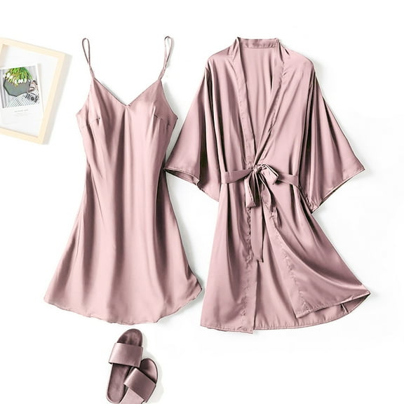 Weiqiqre Womens Pajamas Satin Robe Set Nightgown with Robes Silk Pajama Set 2 Pieces Cowl Neck Cami Sleepwear Sets