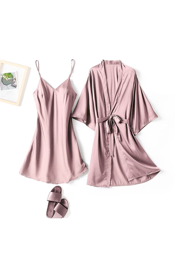 Weiqiqre Womens Pajamas Satin Robe Set Nightgown with Robes Silk Pajama Set 2 Pieces Cowl Neck Cami Sleepwear Sets