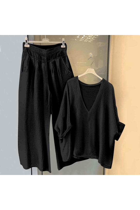 Womens Pants 2 Piece Outfits Flowy Ruffle Tops Palazzo Pants Suits Elegant Casual Dressy Two Piece Linen Sets