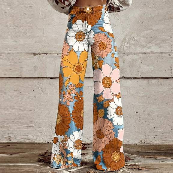 Weiqiqre Womens Pants High-Rise Vintage Floral Straight Leg Pants for Women Summer Casual Denim Pants