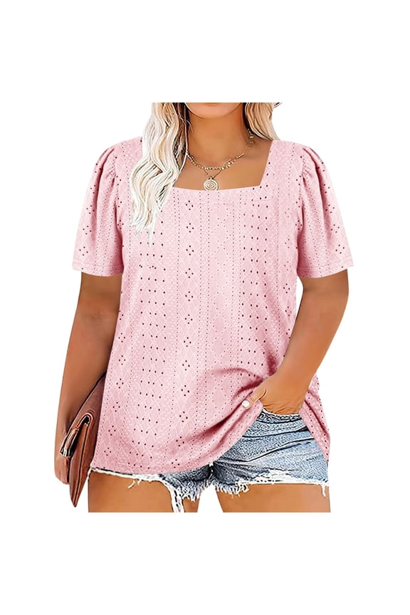 Womens Plus Size Tops Summer Square Neck Short Sleeve Solid Hollow Out Breathable Loose Tops XL-5XL