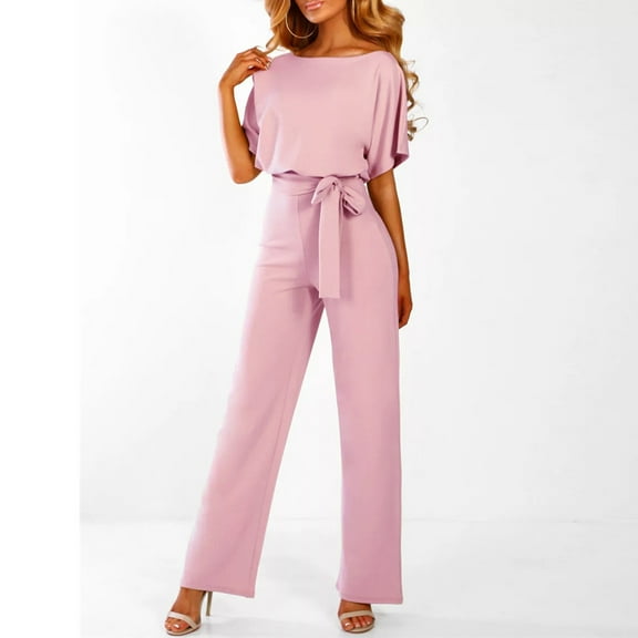 Weiqiqre Womens Rompers for Summer Dressy Jumpsuits Casual Loose Short Sleeve Belted Wide Leg Pant Crew Neck Elegant Rompe