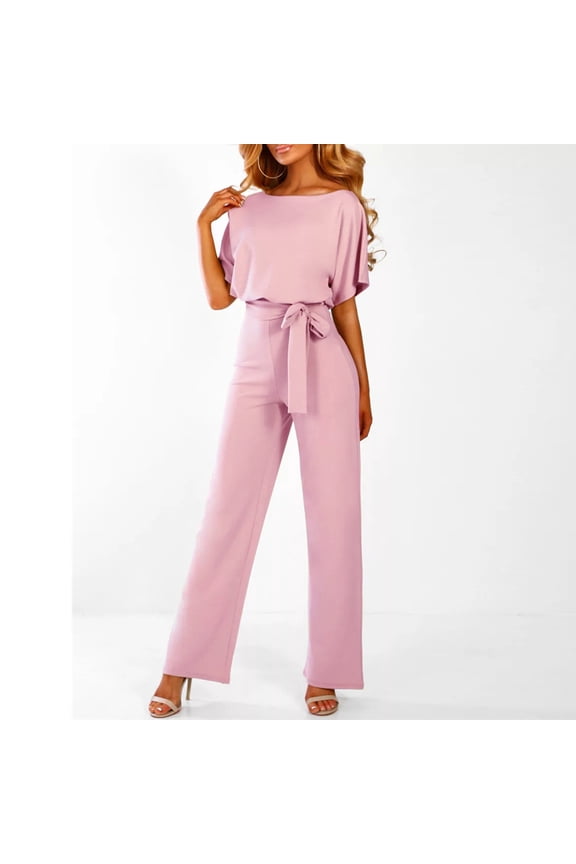 Weiqiqre Womens Rompers for Summer Dressy Jumpsuits Casual Loose Short Sleeve Belted Wide Leg Pant Crew Neck Elegant Rompe